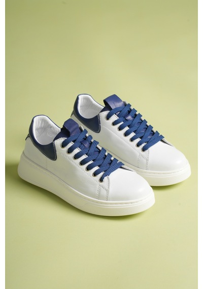 Analin Shoes Kadın Hakiki Deri Bağcıklı Casual Spor Ayakkabı Beyaz Koyu Mavi