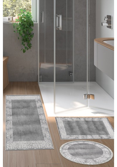 Dekoreko Kaymaz Taban Djt 3 Lü Banyo Paspas Takımı Yıldız Deri Karışık Modern 1460 gri