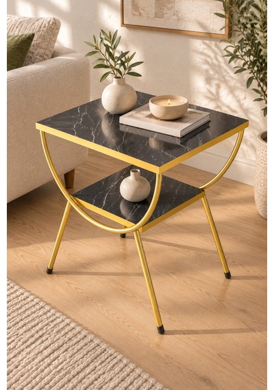 Sulorahome Gold Metal Yan Sehpa Bendir Siyah Mermer Desenli Siyah - Altın