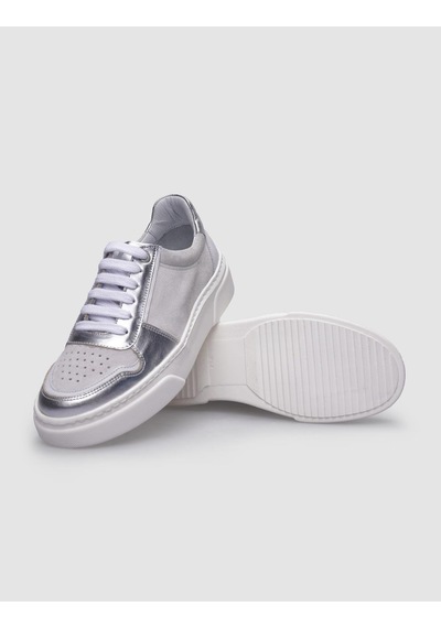 %100 Hakiki Deri Beyaz - Gri Kadın Sneaker Beyaz