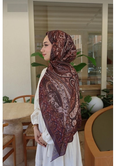 Premium Lux Original Etnik Desen Şal Vual İpek, 1. Sınıf, Hafif, Rahat, Şık, Tesettür Giyim Kahverengi