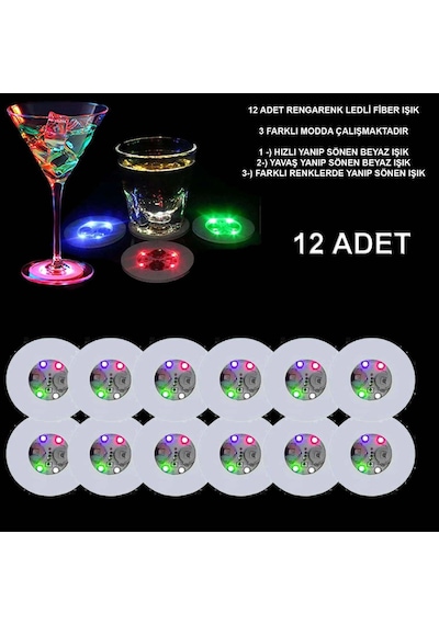 Renkli Led Işıklı Bardak Altlığı - Dekoratif 12 Adet, Pilli +0