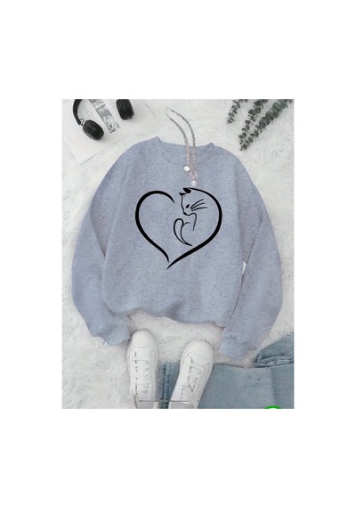 Medinenur Kedi Kalpli Baskılı 2 İplik Şardonlu Bisiklet Yaka Sweatshirt Gri