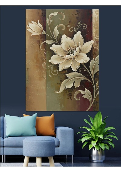 Ahşap Tablo Tek Beyaz Çiçek Art Deco Fon