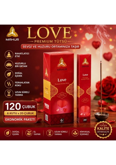 Mahur Love Premium Çubuk Tütsü 120 Adet 6 Kutu X 20 Çubuk, Hoş Kokulu Ortam Tütsüsü, Ev, Ofis, Meditasyon, Yoga Ve Spa