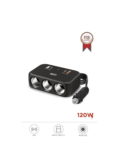 G18 Araç İçi Çakmak Çoklayıcı 120w, 3 Çakmak Soketi, Type-c & Usb Portları Siyah