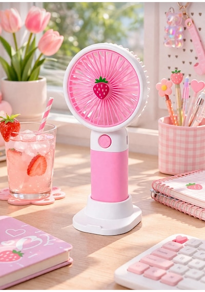 T300 Meyve Temalı Pembe Şarjlı Mini El Fanı