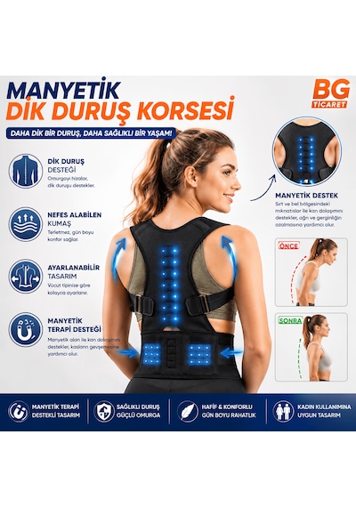 Manyetik Dik Duruş Korsesi Ayarlanabilir Omuz Sırt Bel Destekleyici Kamburluk Önleyici Unisex Siyah Günlük Kullanım
