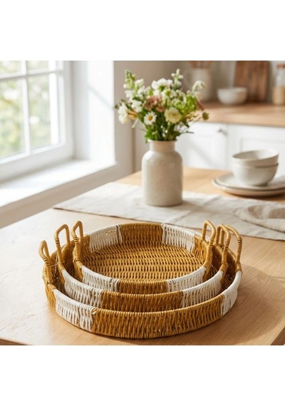 Durukar İç İçe Geçebilen 3 Lü Yuvarlak Plastik Rattan Tepsi Seti Çift Renkli Hasır Görünümlü Çok Am