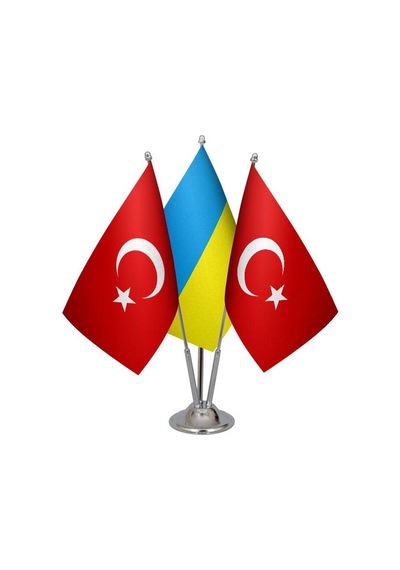 Masa Üstü Ukrayna Bayrağı Türk Bayrağı Üçlü Krom Direk Masa Bayra
