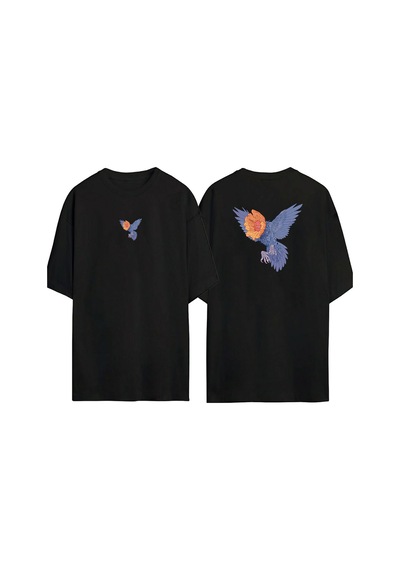 Thewert Unisex Sunflower Headed Bird Ön Arka Baskılı Sıyah Oversize T-shirt Siyah
