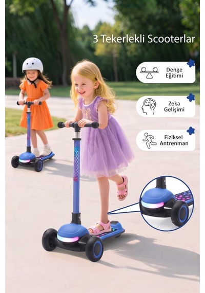 Işıklı Ve Müzikli 3 Modlu Yönlendirilebilir T-bar Sistemli 4 Farklı Yükseklik Ayarlı Çocuk Scooter'ı Çok Renkli