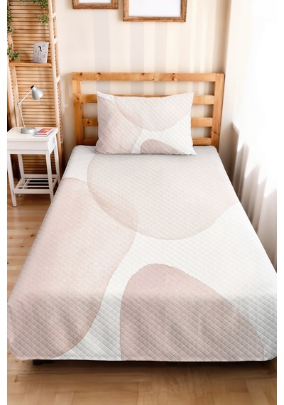 Geometrik Pudra Genç Odası Tek Kişilik Pike Takımı - Modern Bej 160x220 Cm Kapitone Yatak Örtüsü Naif Saman Buharı
