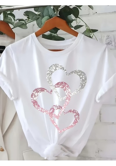 Uyguntarz Unisex İç İçe Geçmiş Kalpler Baskılı Tasarım Tshirt Beyaz