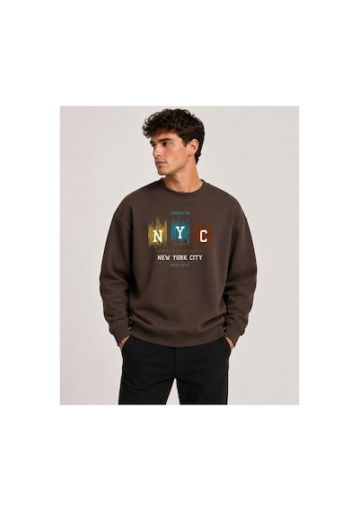 Herkesemoda Nyc Baskılı Bisiklet Yaka Şardonlu 2 İplik Sweatshirt Kahverengi