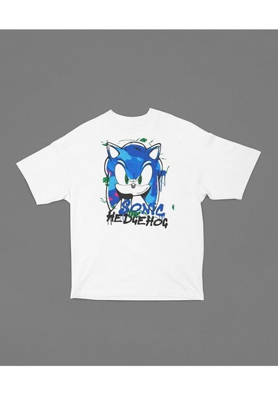 Sonic The Hedgehog Baskılı Unisex Tişört, Oversize Çizgi Film Tiş Beyaz