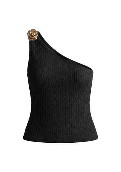 Cottonhıll Premium - Tide Collection Siyah Tek Omuz Çiçek Aksesuarlı Bürümcük Dokulu Kadın Crop Bluz Cottonhıll Premium - Tide Collection Siyah Tek Omuz Çiçek Aksesuarlı Bürümcük Dokulu Kadın Crop Bluz