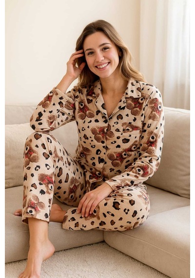 Tenra Kadın Pijama Takımı Boydan Düğmeli %100 Pamuk Ayıcık Desenli Kahverengi