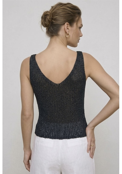 Neden Tekstil Twist Knot Detaylı Premium Kadın Triko Bluz V Yaka Örgü Dokulu Şık Crop Tasarım - Siyah
