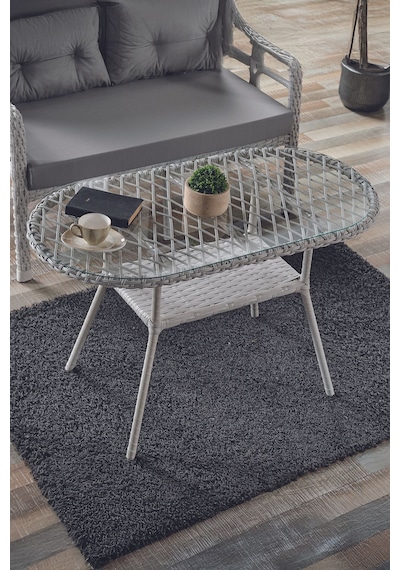 Rio Rattan Bahçe Balkon Oturma Takımı 2+1+1+camlı Masa Kemik Rengi Kemik