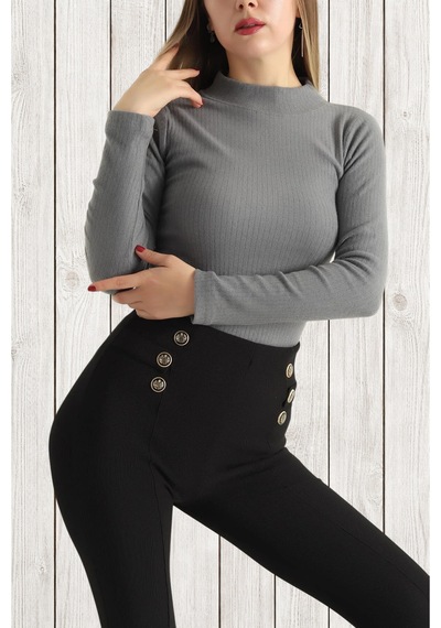 Aslındalook Kadın Fitilli Triko Esnek Uzun Kol Body Bluz Bady Füme