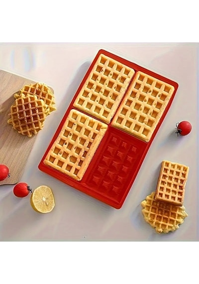 Silikon Fırın Tepsisi 4 Delikli Waffle Kalıbı, Kek Waffle Yapma Tepsisi Kalıbı Kırmızı