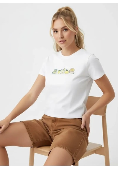 Park Karon 26025 Pamuk Desenli Crop Boy Bisiklet Yaka Örme Bluz Ekru 38