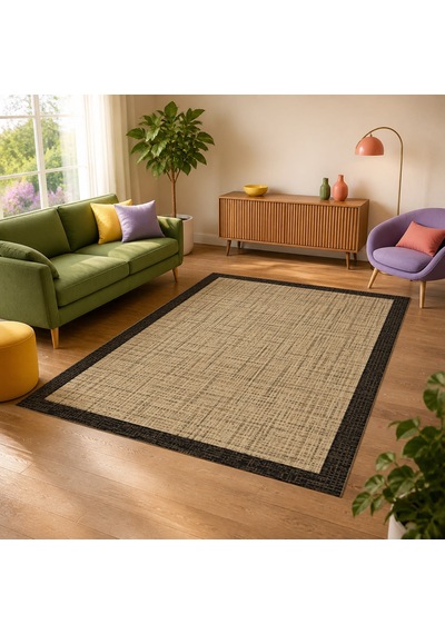 Kartela Halı Jüt Görünümlü Kalın Çerçeveli Halı Natürel Siyah Kaymaz Taban 160x240 Cm