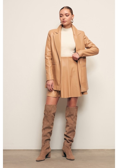 Sateen Mini Deri Etek - Camel