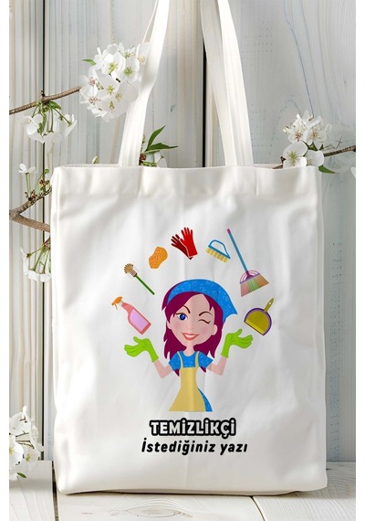 Art Hediye Temizlikçi Baskılı Bez Omuz Çantası Kişiye Özel Model 1 Çok Renkli