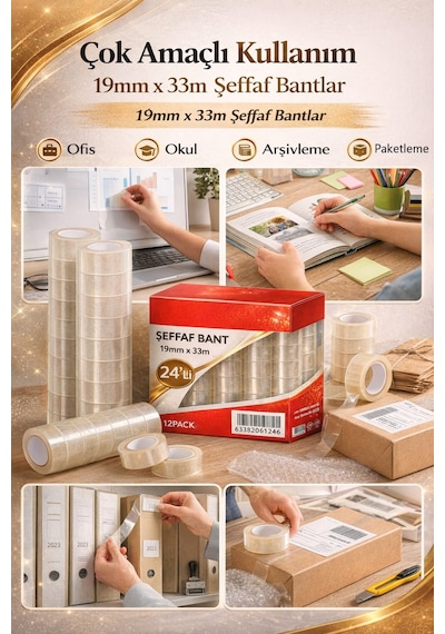Şeffaf Bant 19mm X 33m 24 Lü Paket Güçlü Yapışkanlı, Yüksek Şeffaflık, Ofis & Kırtasiye Bandı Diğer