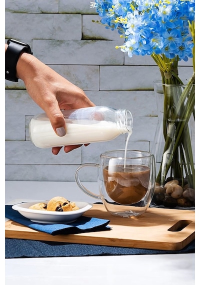 Çift Camlı Çift Cidarlı Cam Kupa 250 Ml Ev Ofis Fincanı Çift Katlı Isı Yalıtımlı Kulplu Cam Bardak