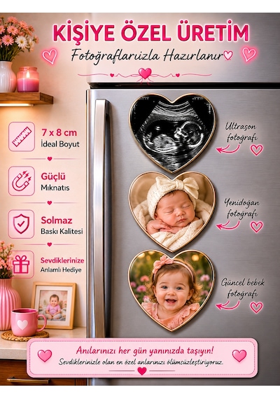 3'lü Kalp Fotoğraf Magneti Bebeğin İlk Anıları Kişiselleştirilebilir Anne Babaya Özel Hediye