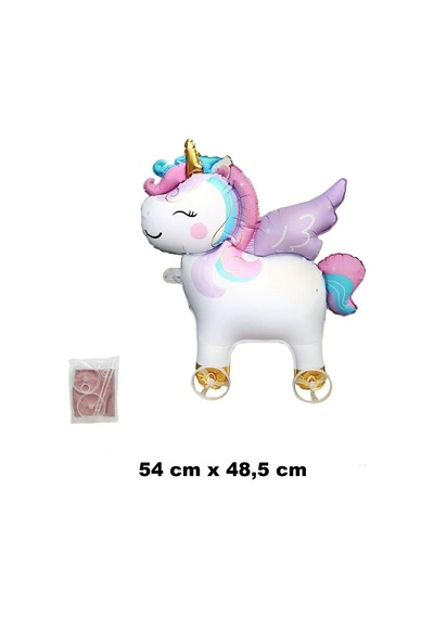 Unicorn Temalı Folyo Yürüyen Balon Tekerlekli Sevimli Unicorn Balon 54x48,5 Cm Renkli
