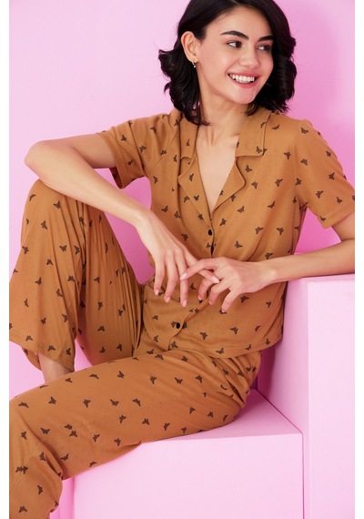 Siyah İnci Pointel Ajurlu/delikli Gömlek Yaka Örme Düğmeli Pijama Takım Kahve Kelebek