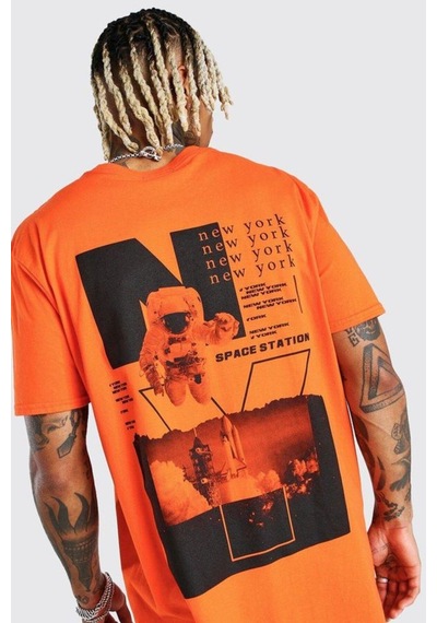 Flood Of Style Erkek Turuncu New York Baskılı Oversize Tshirt