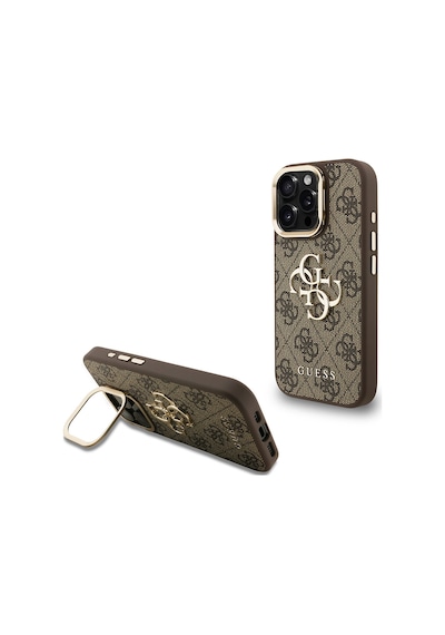 Apple iPhone 15 Pro Max Uyumlu Kılıf Guess Lisanslı Metal 4g Ve Yazı Logolu Kamera Standlı Kapak Kahve