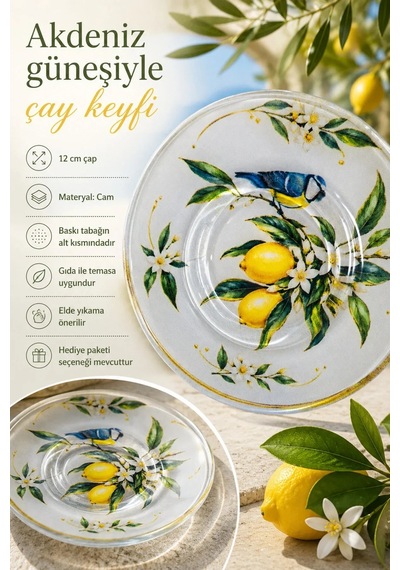 6 Lı Cam Çay Tabağı Limon Ve Kuş Desenli Akdeniz Tasarım 12 Cm 6 Adet Çay Tabak Sarı