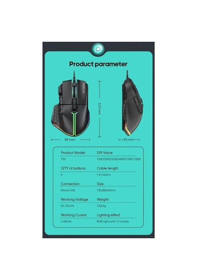 İmce T50 Gaming Mouse, 12800 Dpı, Çift Tıklama Ateş Tuşu, 8 Makrolanabilir Tuşlu, 13 Modlu Rgb 0193