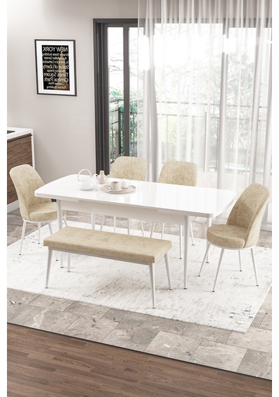 Canisa Concept Zen Serisi 80x132 Mdf Açılabilir Beyaz Masa Takımı 4 Krem Sandalye Ve 1 Bench Masa Beyaz Sandalye Ve Bench Krem Canisa Concept Zen Serisi 80x132 Mdf Açılabilir Beyaz Masa Takımı 4 Krem Sandalye Ve 1 Bench Masa Beyaz Sandalye Ve Bench Krem