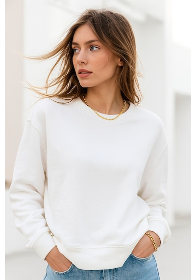 Kadın Ekru Pamuklu İnterlock Oversize Sweatshirt Ekru