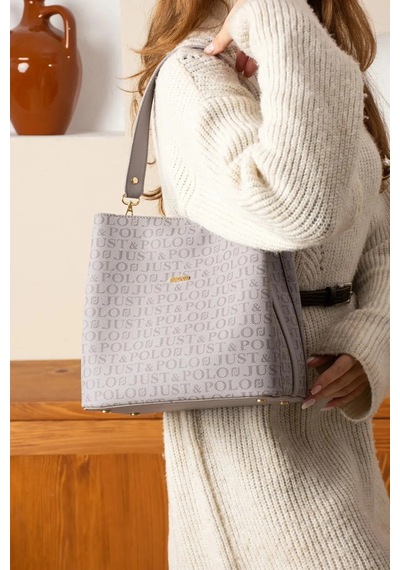 Just Polo Kadın Monogram Baskılı El Ve Omuz Çantası Ebat 25 X 25 GRİ