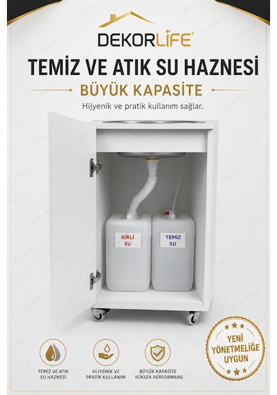 Yeni Yönetmeliğe Uygun Seyyar Mobil Lavabo Paslanmaz Evyeli 10 L Çift Hazneli Şarjlı Musluklu Tekerlekli Lavabo Beyaz