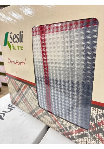 Sesli Comfort Mavi Kırmızı Ekose Skoç Pamuk Örme Battaniye 200x220 Çift Kişilik Battal Diğer