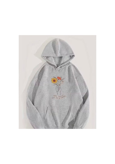 Herkesemoda Grow Through Baskı Detaylı İçi Polarlı Kapüşonlu Sweatshirt Gri