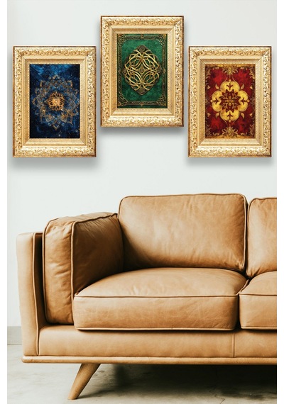 Altın Çerçeve Görünümlü 3 Ayrı Motif Ve Renkli Tablo Seti, Ev, Oturma Odası Dekoratif Duvar Süsü