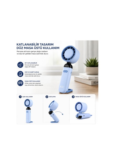 Katlanabilir El Tipi Mini Fan, 12000 Rpm Güçlü Hava Akışlı, 5 Kademeli Dijital Göstergeli, Type-c Şarjlı Taşınabilir Soğutucu Fan Diğer