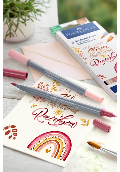 Faber-Castell Goldfaber Aqua Çift Uçlu Markör 6’lı Kaligrafi Boho, Fırça ve Fineliner Uç, Kalıcı Mürekkep