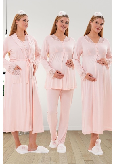 Mecit Pijama Mecit 6332 Pudra Sabahlık Gecelik Pijama Hamile Lohusa Set