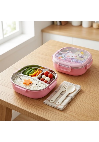 700 Ml Paslanmaz Çelik Yemek Kabı, 3 Bölmeli Kilitli Lunch Box, Çatal Kaşık Dahil Renkli Desenli Saklama Ve Taşıma Kabı Çok Renkli